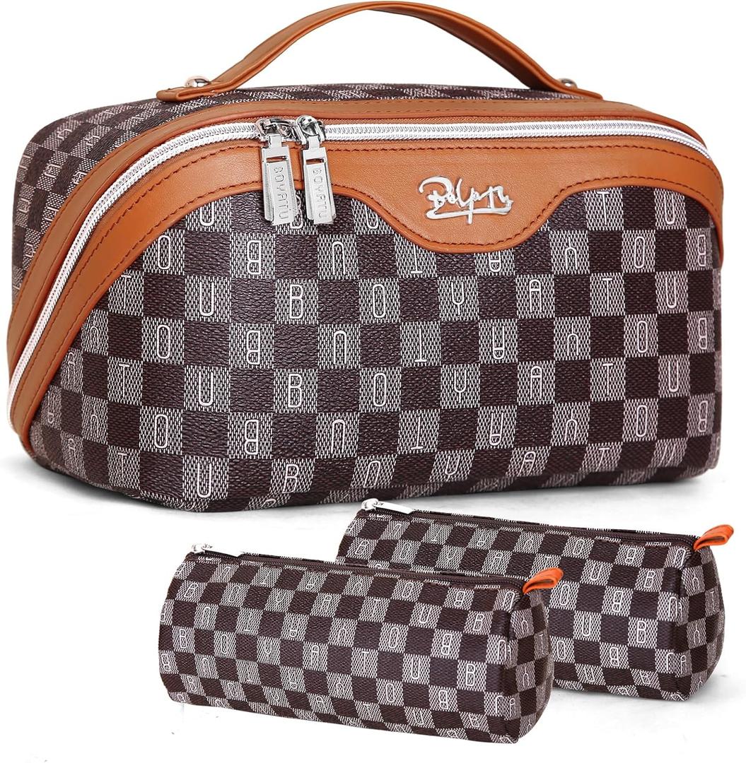 BOYATU Travel Makeup Bag Organizer Cosmetic Bag: 3 Pcs Set Make up Bags for Women with Handle - Waterproof Vegan Leather Toiletry Bags Travel Essentials Pouch with Compartments (H-01-Brown)