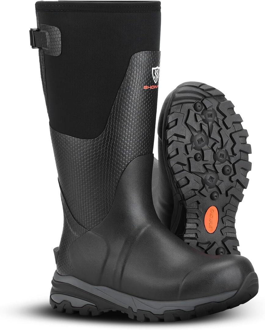 Showave Men's Arctic Pro Rubber Hunting Boots with Steel Shank Insulated Rain Boot Waterproof Neoprene Mud Boot Outdoor Snow Working Boots Cold Weather (10, Black)