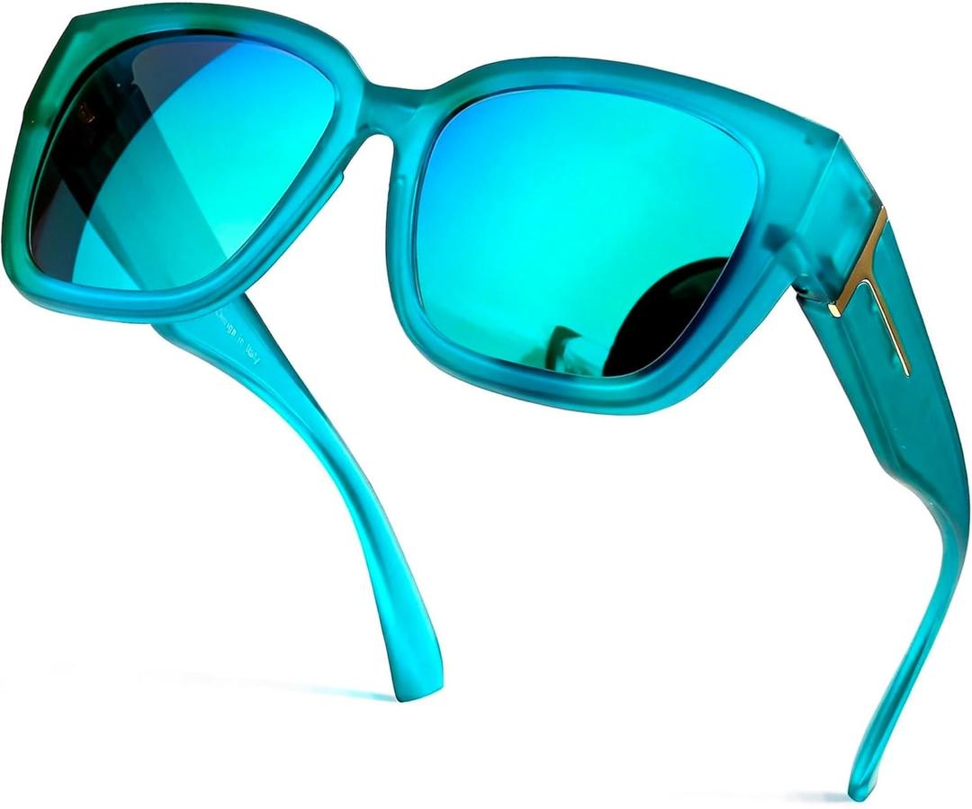 SIPHEW Mirrored Sunglasses Polarized Fit Over Glasses for Women - Trendy Large Square w UV400 Protection Sun Glasses (A17 Matte Green Over Glasses)