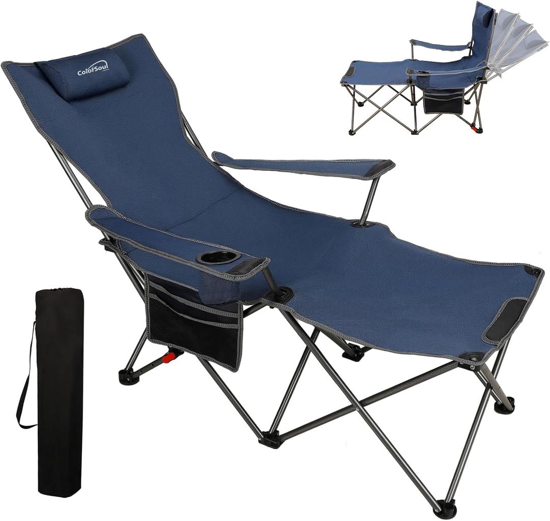 Colorsoul Reclining Camping Chair w/Foot Rest, Adjustable 90- 135 Lounge Beach Chair for Adults, Heavy Duty Outdoor Folding Chairs w/Padded Pillow, Cup Holder, for Patio Beach, Supports 350lbs,Blue