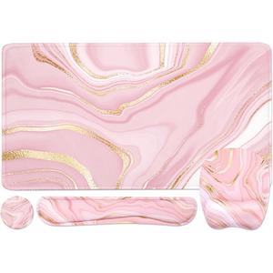 Keyboard Wrist Rest Large Mouse Pad Wrist Support for Computer, 4 in 1 Memory Foam Keyboard Pad Desk Mat Ergonomic Hand Rest Wrist Cushion for Home Office Gaming - Pink Marble