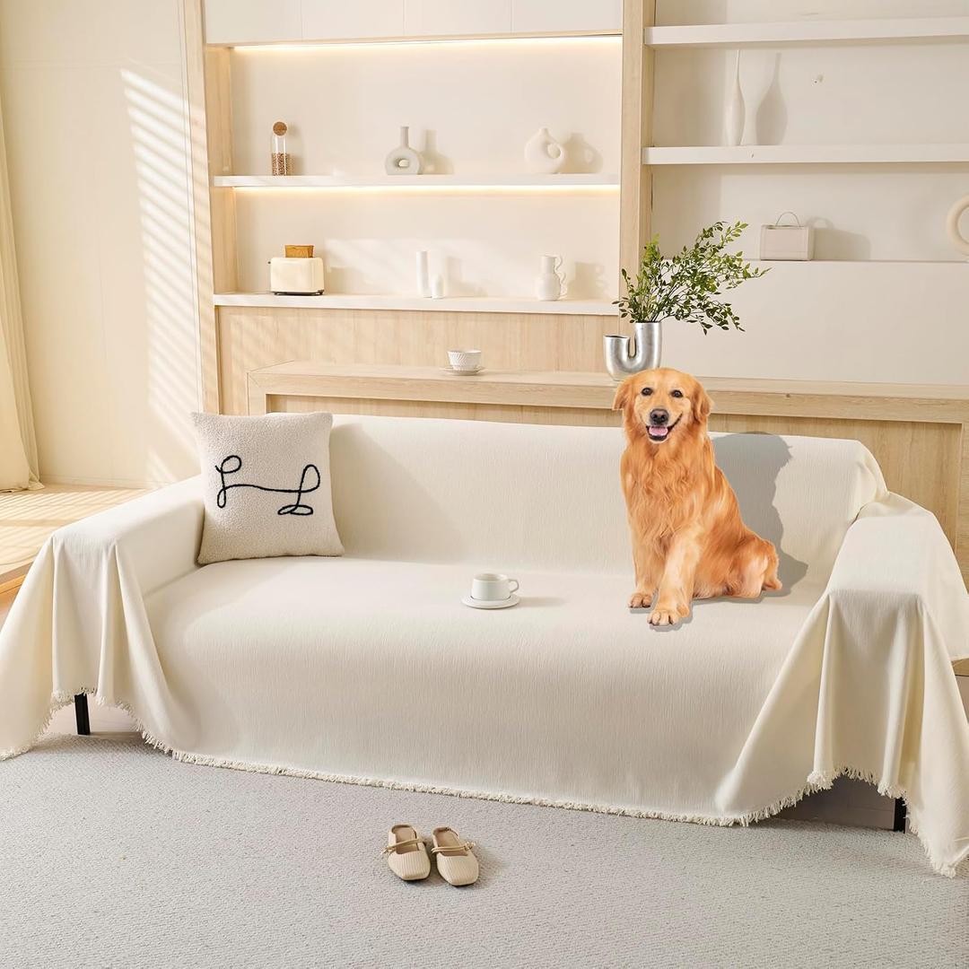 100% Waterproof Couch Cover Sofa Covers for Sectional Couches Reclining Armseat/Chair/Futon Sofa SlipCover for Dog Pet-Friendly Furniture Protector for Living Room with Tassel(71" x 51", Beige)