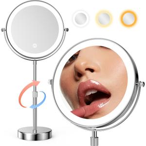 Nicesail LED Lighted Makeup Mirror Tabletop, 10X Magnifying Mirror with 3 Color Lights, Brightness Adjustable Height, Light up for Desk Make up Vanity Table, Double Sided Chrome Finish (8 Inch, 10X)
