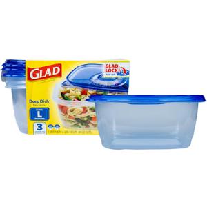 Glad GladWare Deep Dish Food Storage Containers, Large Rectangle - Meal Container Holds up to 64 Ounces of Food - Lock Tight Seal, 3 Count