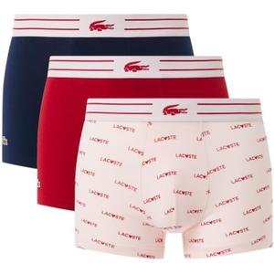 Lacoste Men's Cotton Stretch Lacoste Diagonal Print Trunks, 3-Pack (Large, Navy Blue/Dog Rose/Ladybird Red)