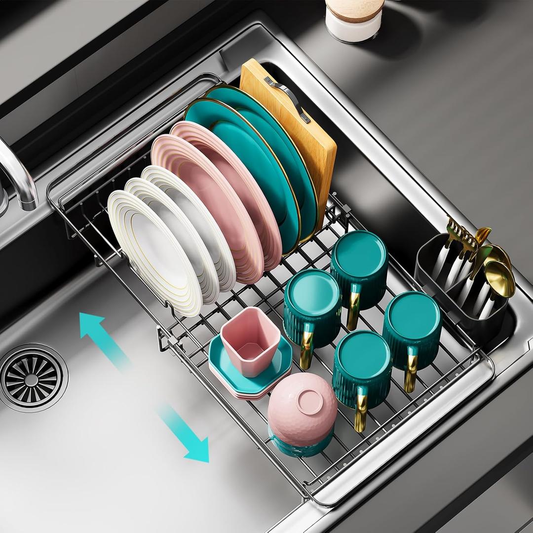 Expandable in Sink Dish Drying Rack - Adjustable Dish Rack Over Sink, Rustproof Dish Drainer for Kitchen Counter, Dish Strainer with Utensil Holder, Fit Kitchen for 13"-18" (Large)