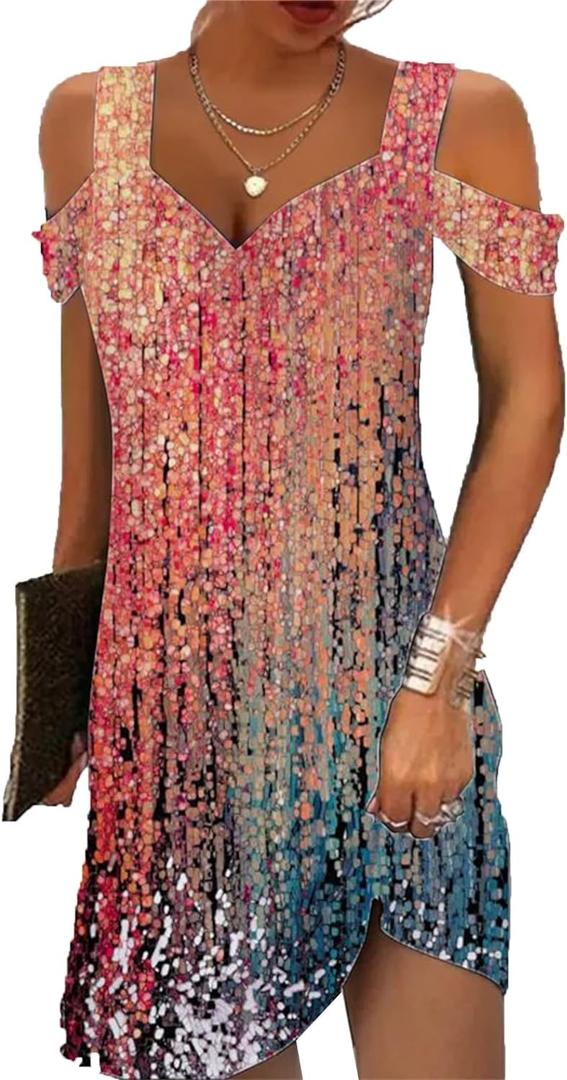 Pink Blue XL Summer Dresses for Women 2026 Cold Shoulder V Neck Vintage Print Cami Dress Beach Vacation Boho Mini Sundress,XL