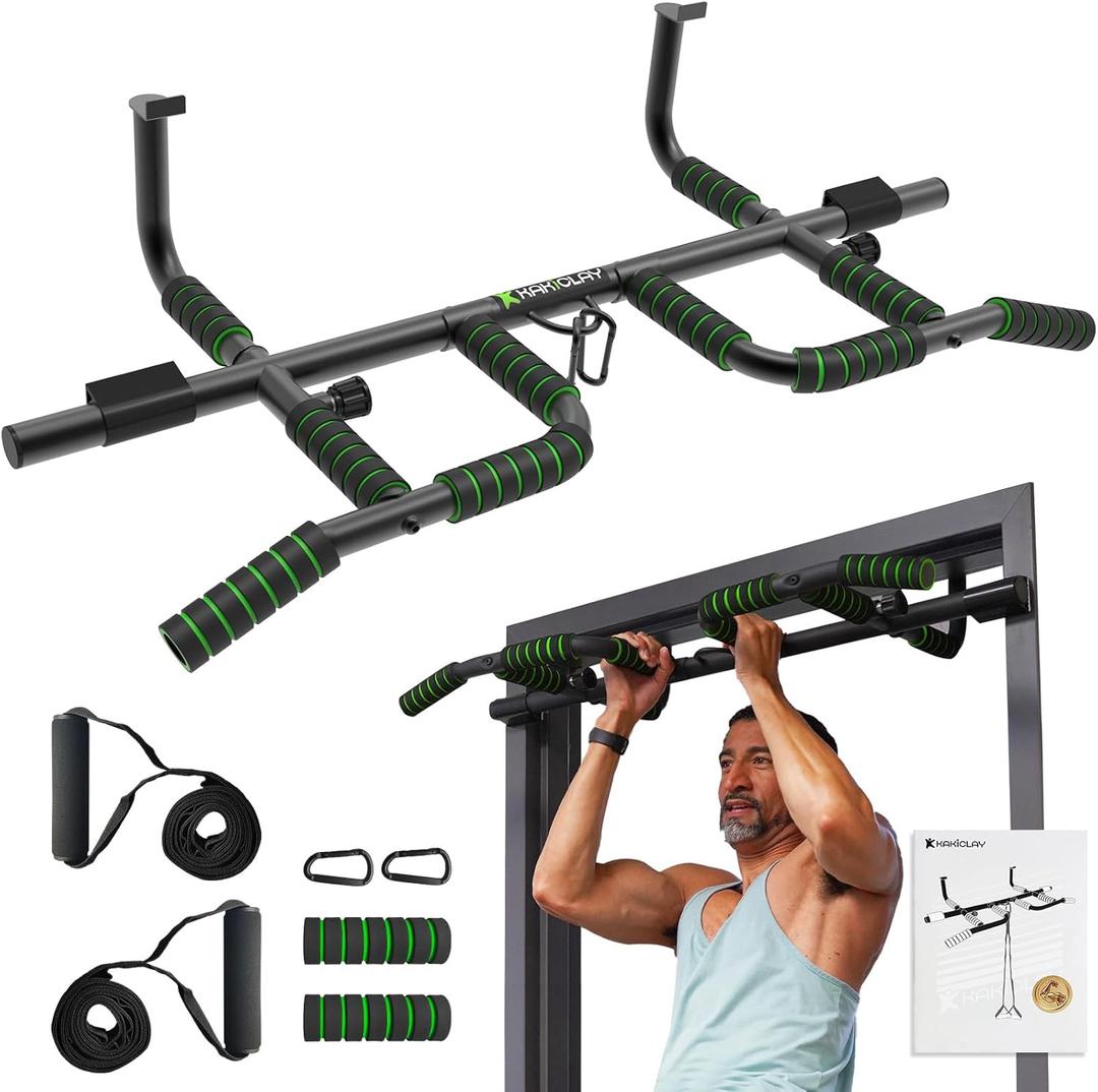 KAKICLAY New Upgrade Pull Up Bar for Doorway with Ergonomic Grip - Upto 440 Lbs Capacity, No Screwing or Slipping - USA Original Patent, Designed