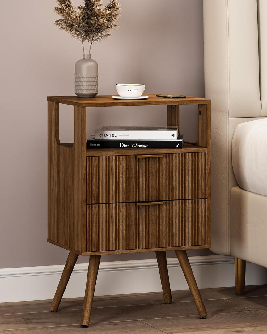 Leomonio Mid Century Modern Nightstand, Modern Night Stand with 2 Storage Drawer and Opening Storage, Fluted Bedside Table with Solid Wood Legs for Bedroom