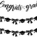 Black Bow Graduation Party Decorations 3 Pcs End of Year Congrats Grad Banner Garland Set, 2026 Graduation Backdrop for High School College Congrats Grad End of Year Party Supplies