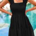 PRETTYGARDEN Womens 2025 Trendy Mini Summer Dresses Sleeveless Tulle Ruffle Square Neck Tiered Smocked Beach Vacation Dress (Black, S)