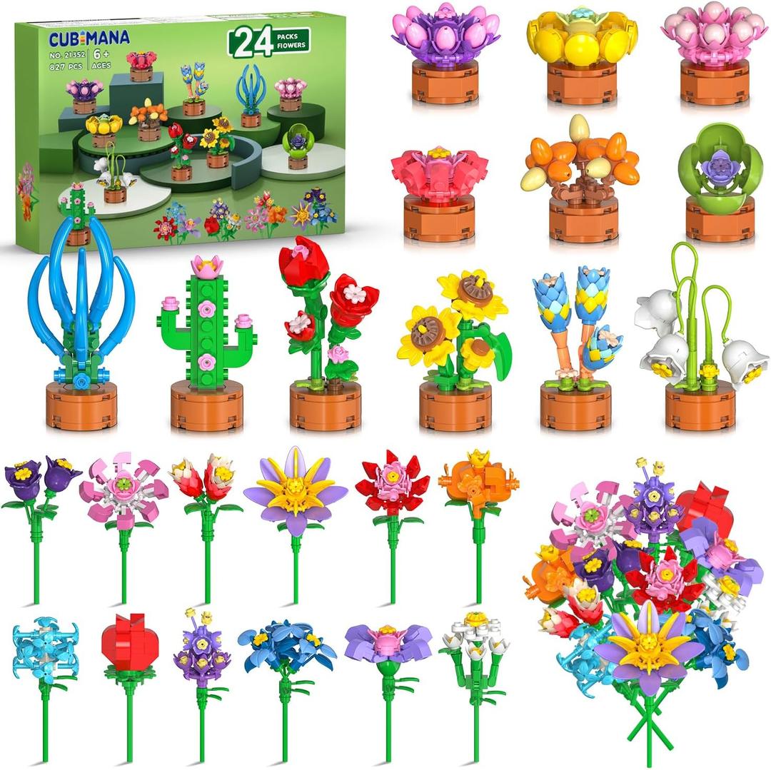 24 Pack Valentines Day Flowers Party Favors for Kids Building Set - 827PCS Botanicals Succulent 3.6MM Mini Building Blocks Toy for Classroom Prizes Birthday Valentines Day Gift for Kids Girls Boys 6+
