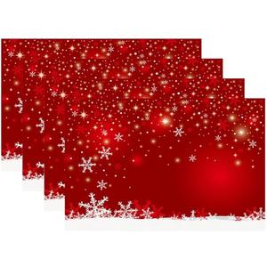 Christmas Placemats Set of 4, Xmas White Snowflake and Red Background Table Mat Placemat Heat Resistant Non Slip Line for Holiday Party Dining Table Kitchen Decor 18" x 12"
