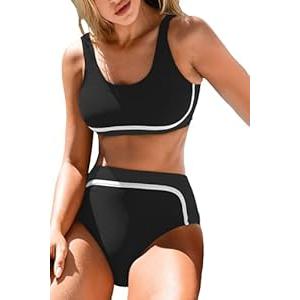Leoparts Women's Two Piece High Waisted Swimsuits Sporty Color Block Scoop Neck Bikini Set Bathing Suit (X-Large)