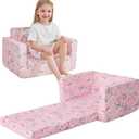 Kids Sofa for Toddler, 2-in-1 Toddler Couch Fold Out, Convertible Sofa to Lounger Bed for Girls and Boys, with Removable Cover & Double Pockets - Pink Unicorn
