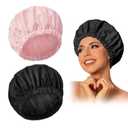 Reusable Shower Cap for Women, Large Waterproof Shower Bonnet Washable Elastic Band Bath Hair Hat for Long Hair, Braids Pink and Black