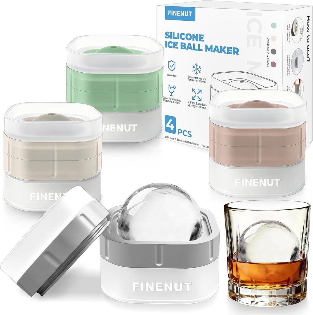 FINENUT Silicone Ice Ball Maker Mold 4 Pack, 2.5 Inch Large Sphere, BPA-Free Easy Release for Whiskey, Bourbon,Cocktails & Home Bars (Multicolor)