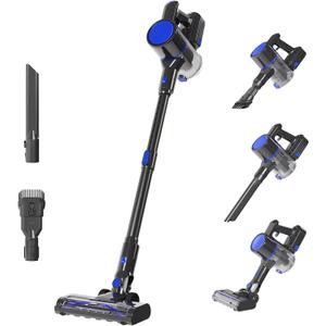 DUMOS Cordless Vacuum Cleaner, Lightweight Rechargeable Upright Vacuum with Flexible Steering, Extendable Pole, LED Light, 3 Brush Heads & Wall Mount, Ideal for Hardwood Floors & Household Cleaning