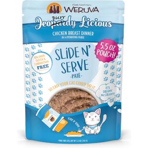 Weruva Wet Cat Food, Jeopurrdy Licious with Chicken Pate, 5.5oz Slide N Serve Pouch, Pack of 12, BBD: OCT/01/2028