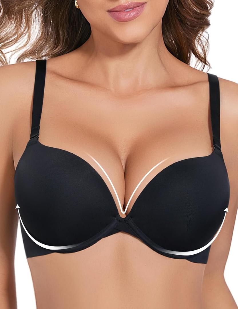 Padded Push Up Bras for Women Bombshell Add Cup Size Plunge Everyday T-Shirt Bra Underwire Support (36D, Black)