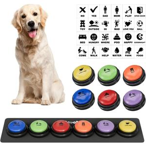 Dog Buttons for Communication, 6 Pcs Dog Talking Button Set, 30s Voice Recordable Pet Training Buzzer, Speaking Buttons for Cats & Dogs with Waterproof Dog Activity Mat and 24 Scene Stickers