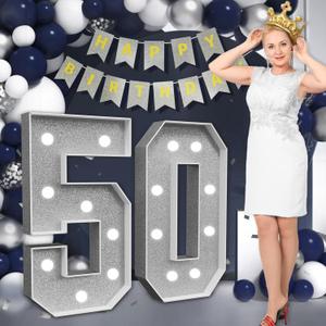 Marquee Numbers Silver 50th-Birthday Decorations: Large 3ft Light Up Number Grey 50 Birthday Decoration for Women Men Fifty Year Old Anniversary Party Decor Backdrop Big Mosaic Number 50 with Banner