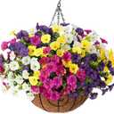 HyeFlora Artificial Hanging Flowers Faux Plants Basket for Outdoors Spring Decor, Fake Silk Morning Glory with Eucalyptus in Planter UV Resistant Outdoor Flowers for Outside Porch Patio Garden Home
