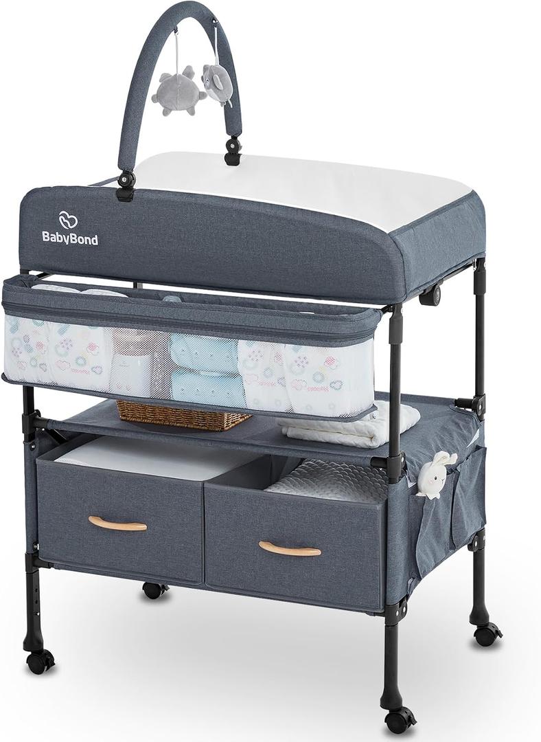 BabyBond Portable Baby Changing Table with 2 Storage Baskets, Foldable Changing Table Dresser Diaper Changing Table Height Adjustable Changing Station for Infant and Newborn (Grey)