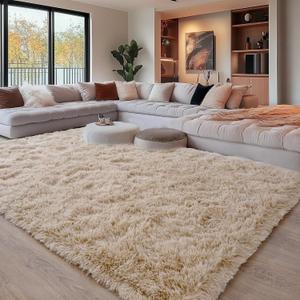 Beige Fluffy Rug for Bedroom 8x10 ft Large - Ultra Soft & Non Slip Shaggy Area Rug, Comfy Durable Carpet for Living Room Kids Room Teens Dorm Home Decor, 1.7'' Thick Indoor Plush Carpets