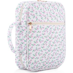 Quilted Bible Cover Case for Women with Handle, Bible Bag with Zippered Pocket, Pink Floral Bible Case for Girls, Bible Study Supplies Kit, Large Size