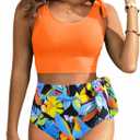 Two Piece High Waisted Swimsuits - Women Tummy Control Bikini Modest Bathing Suit 2PC 2025 (Medium, Orange and Leaves)