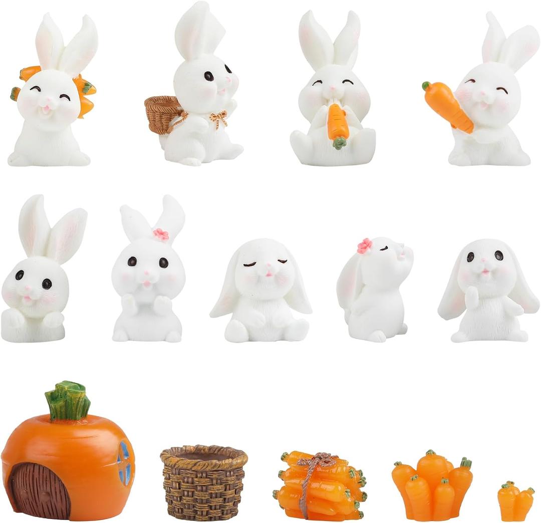 CCINEE 14PCS Rabbit Fairy Garden Accessories: Rabbit Miniature Figurines & Carrot Decor for Easter Bunny Garden & Terrarium