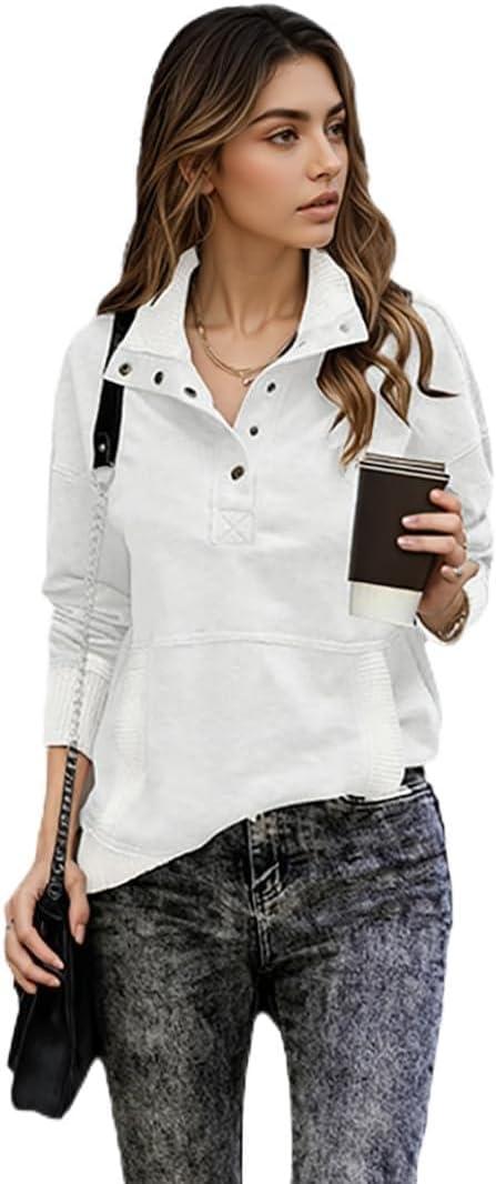 Womens Plush Fleece Henley Sweatshirt Convertible High Neck and V Neck Pullover (White, M)