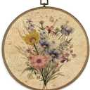 MAQIKA Boho Floral Framed Wall Art Decor, Vintage Botanical Prints, Farmhouse Wildflower Round Wall Hanging Decor, Pink and Blue Flower Canvas Prints Wall Art for Girls Dorm Room Bedroom, 10x10 Inch