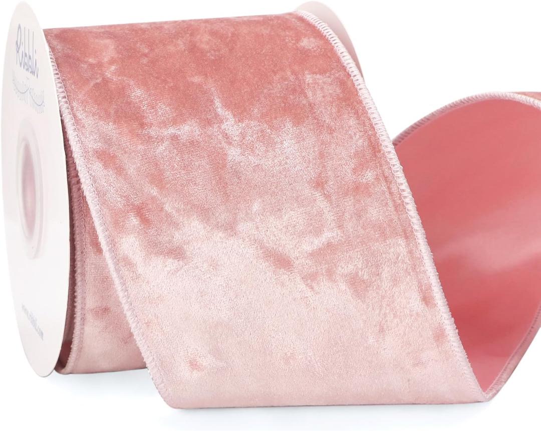 Ribbli Light Pink Velvet Wired Ribbon 4 Inch Crushed Velvet Christmas Ribbon for Gift Wrapping Christmas Tree Decoration Crafts Wreaths Supplies-Continuous 10 Yards