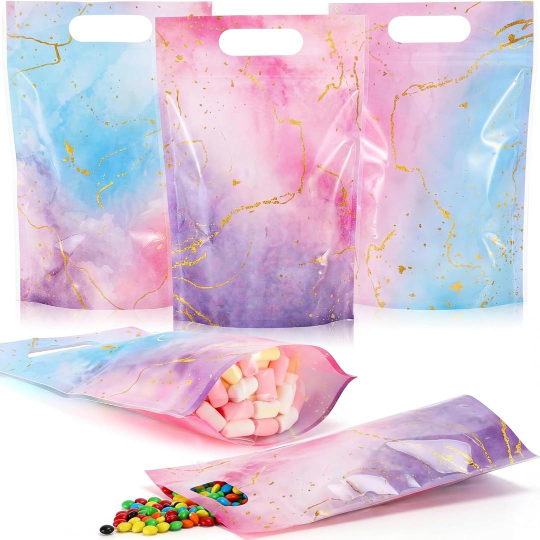 Teenyyou 60 Pcs Tie Dye Party Sealing Bags Pink Purple Blue Gradient Gifts Bags with Handles Plastic Birthday Party Favors Handbags for Mermaid Unicorn Birthday Baby Shower Wedding Halloween (Pastel)