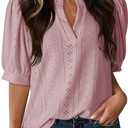 Dokotoo Womens Summer Business Casual Blouses V Neck Short Sleeve Shirts Eyelet Cute Lace Tops (Pink, L)