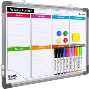 Small Weekly Calendar Dry Erase Whiteboard for Wall, 16" x 12" Magnetic Dry Erase Board, Hanging Double-Sided White Board, Portable Board for List, Kitchen, Planning, Memo, Home, Office (Red)