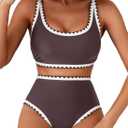 Herseas Women's Bikini Sets Floral Print Whip Stitch 2 Piece Swimsuits High Waisted Scoop Bathing Suits S