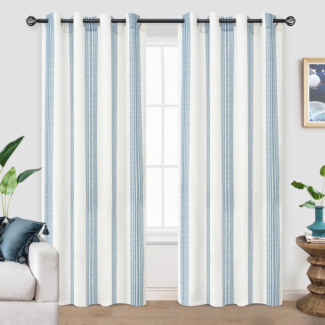 DriftAway Stripe 2 Panels Curtains Linen Blend Textured Window Privacy Light Filtering Drapes for Living Room Bedroom Grommet 84 Inches Jean Navy on Beige