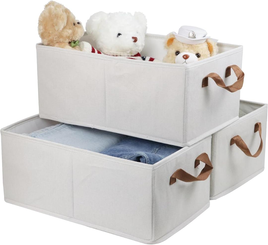 Fordonral Pack of 3 Large Capacity Storage Bins Closet Organizer System, Sturdy Foldable Boxes for Organizing Clothing, Sheets, Toys, Books - Shelf Shelves Basket Bin Linen White