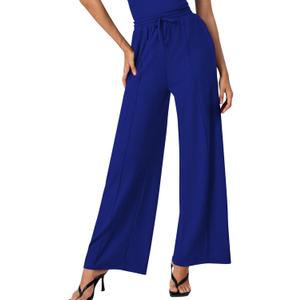 ALSOGO Womens Wide Leg Pants Casual Elastic High Waisted Pants Loose Straight Leg Pants Drawstring with Pockets (Blue, L)