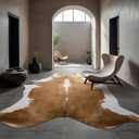 BENRON Premium Faux Cowhide Rug, Cow Print, Rustic Western Rugs for Living Room Bedroom, Irregular Animal Skin Hides, 4.6 x 5.2ft, Anti-Skid Cool Carpets for Cowboy Cowgirl Home Decor, Khaki Brown