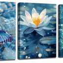 Arjun Blue Abstract Butterfly Canvas Wall Art Water Lily Painting Zen Stones White Lotus Flower Teal Turquoise Pictures Framed for Living Room Bedroom Bathroom Spa Salon Home Office Wall Decor (12"x16"x3 Panels)