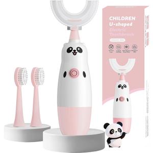 Kids U-Shaped Electric Toothbrush with 2 Brush Heads, Toddlers Sonic with 360 Degree Cleaning, Soft Bristles, Battery Included, IPX7 Waterproof, Cute cartoon for Girls and Boys, Ages 8-13 (Pink)