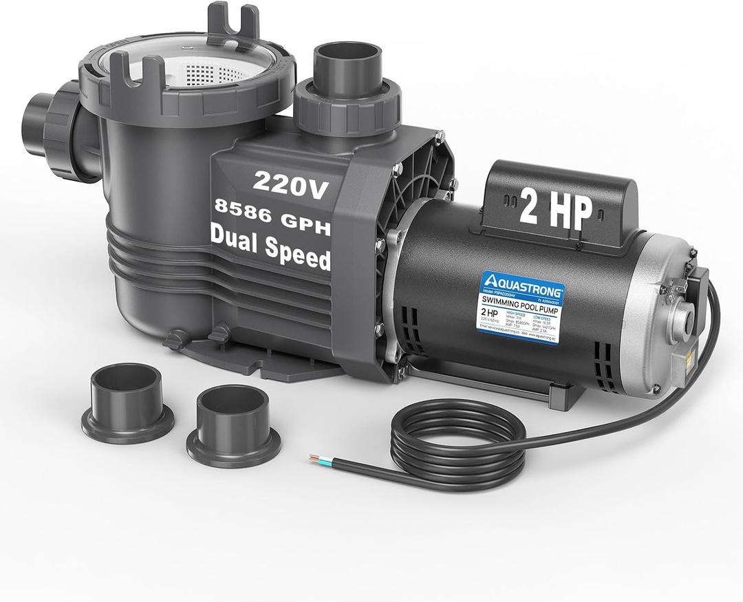 Aquastrong Riptide Series 2 HP In/Above Ground Pool Pump, 220V Dual Speed, Up to 8,586 GPH High Flow, Pure Copper Motor, Energy Efficient, Self Priming with Filter Basket