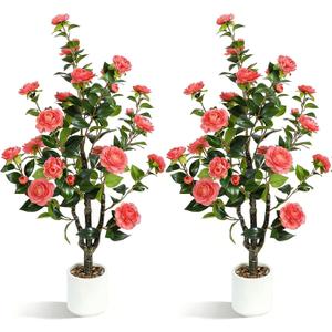 UPBUD Artificial Camellia Tree 2 Pack, 3.3FT Fake Camellia Plant with 30 Blooming Pink Flowers & Planter, Tall Faux Floral Plants Flower Trees for Indoor Modern Home Office Front Porch Floor Decor
