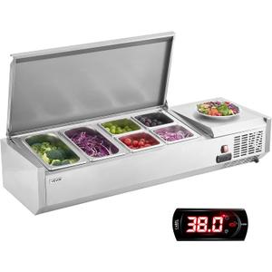 VEVOR Refrigerated Condiment Prep Station, 130 W Countertop Refrigerated Condiment Station, with Two 1/3 Pans & Four 1/6 Pans, 304 Stainless Body and PC Lid, Sandwich Prep Table with Stainless Guard