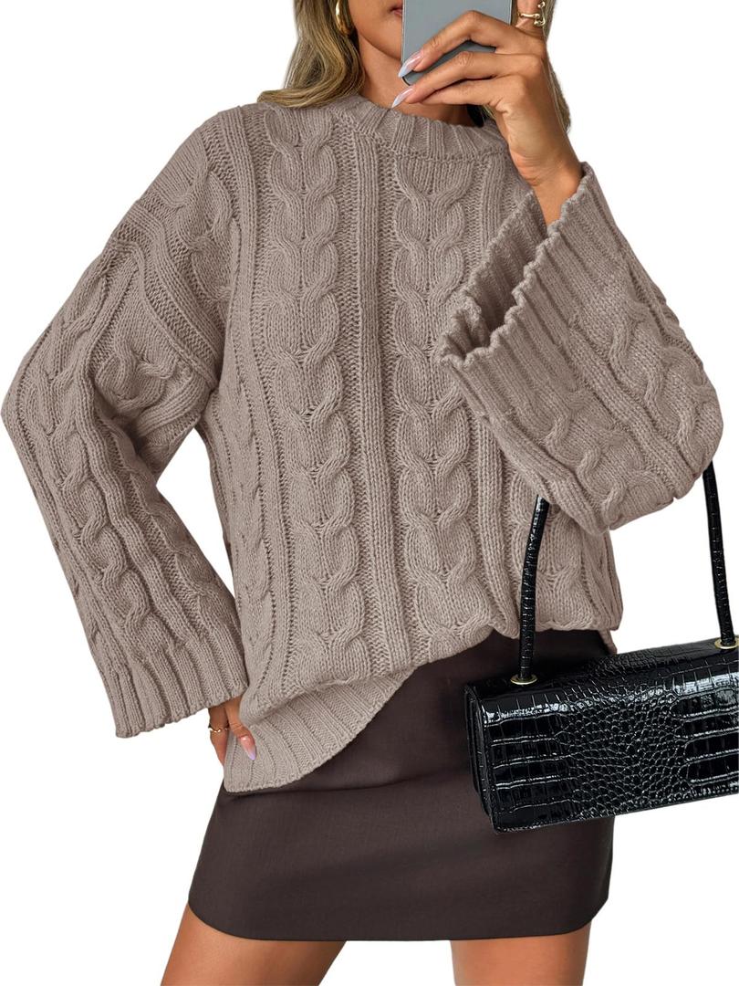 Saodimallsu Womens Oversized Sweaters Cable Knit Bell Batwing Sleeve Crew Neck Fall Winter Chunky Pullover Tops Light Brown, Medium