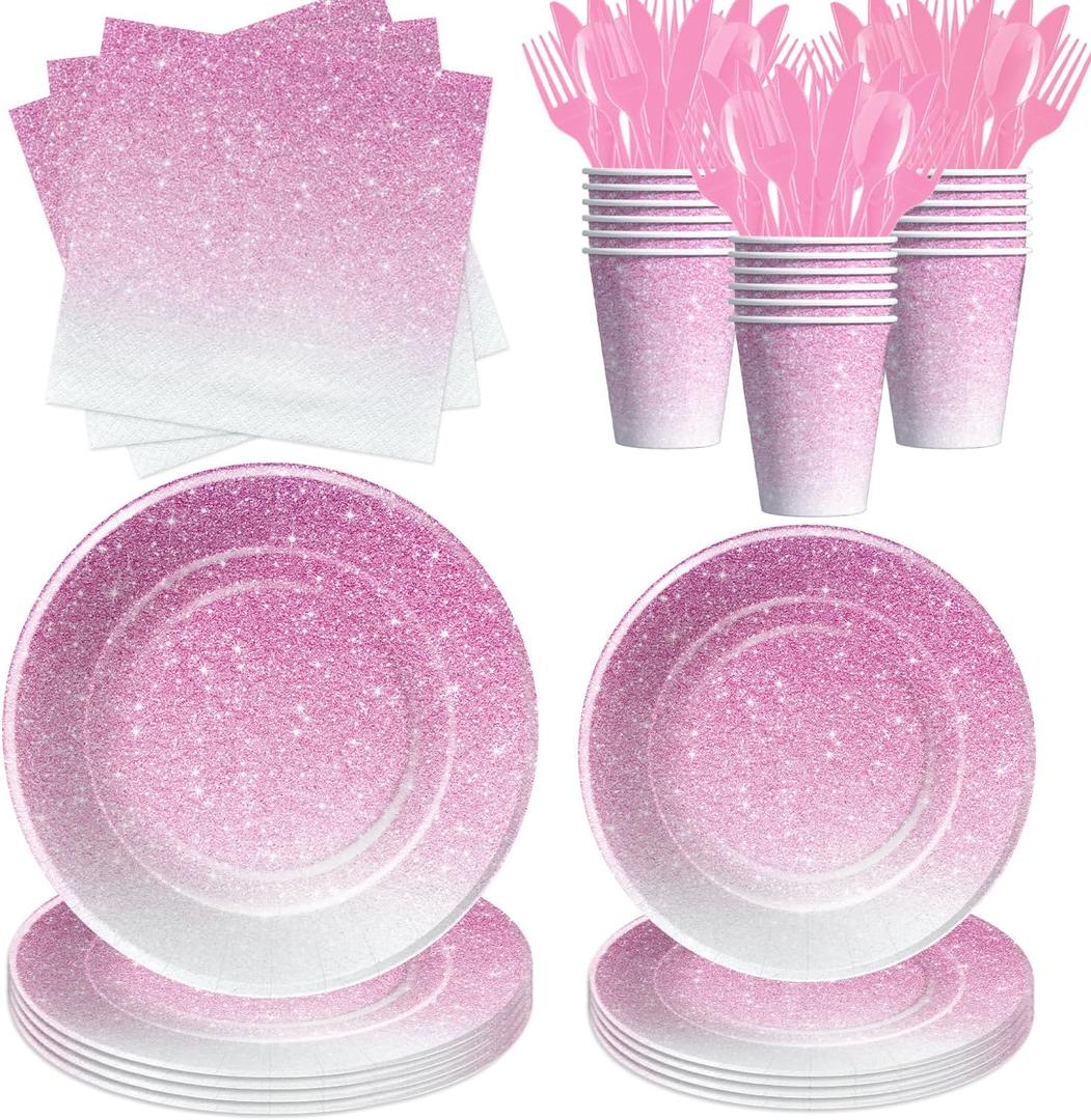 Ombre Pink Party Decorations Tableware, Gradient Pastel Party Supplies, Plate, Cup, Napkin, Cutlery, Light Pink Sprinkle Wedding Birthday Anniversary Decorations for Girl Woman | Serves 24